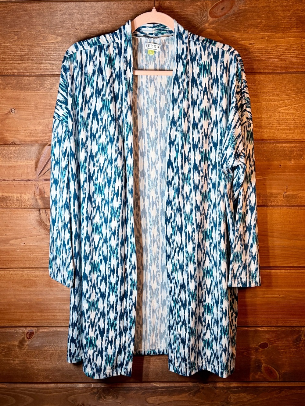 Serra Loose Fit Blue and White Ikat Open-Front Cardigan Size Medium 💕💙